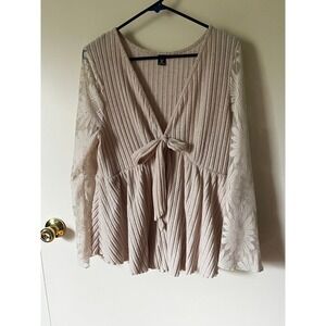Shein Curve Beige Ribbed Peplum Top Floral Lace Long Sleeve Front Tie 2XL